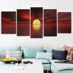 Asewin Sunrise Red Sun Modern 5 Piece Framed Wrapped Landscape