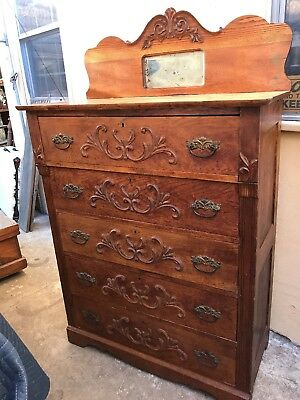 ANTIQUE CARVED AMERICAN Oak Chest of Drawers with Mirror LD