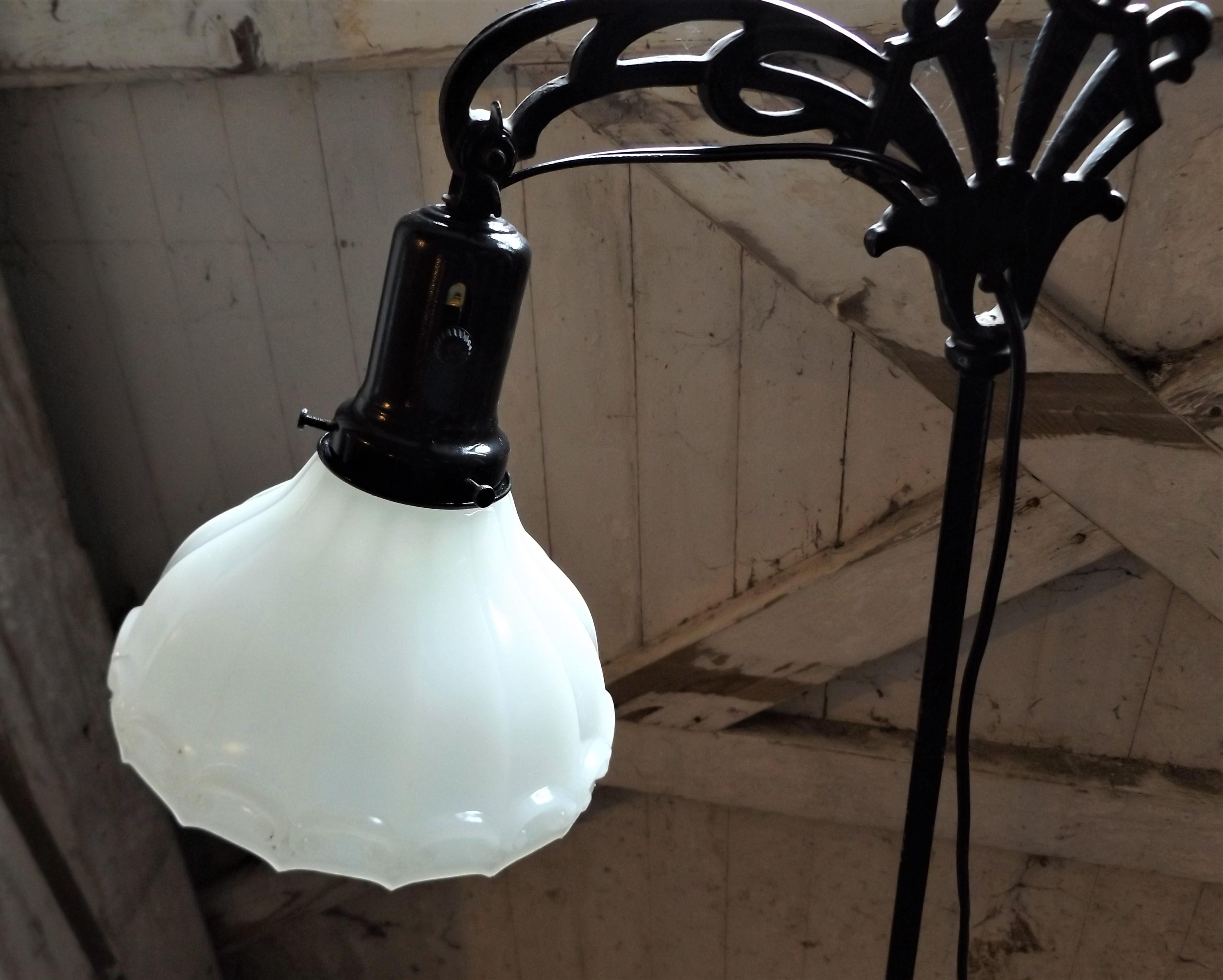 Antique Iron Bridge Floor Lamp & Milk Glass Shade | Chairish