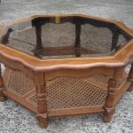 Vintage Octagon Glass TOP Coffee Table 2 Tier Cane Timber in