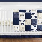 Navy Blue, Gold, and White Patchwork Big Bear Boy Baby Crib Bedding