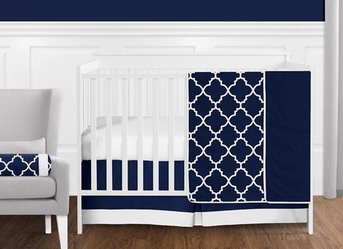 11 pc. Navy Blue and White Modern Trellis Lattice Baby Boy Crib
