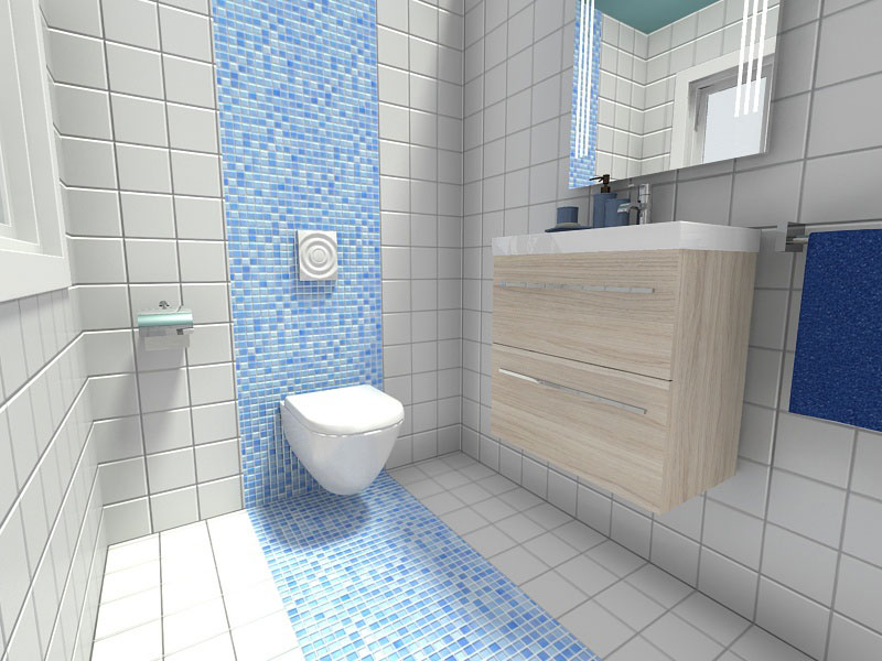 Small Bathroom with Accent Wall of Blue Mosaic Tile