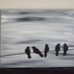 Bird silhouette acrylic painting on canvas, grey, black, white, and