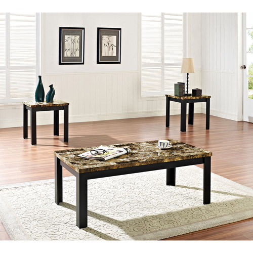 Acme 3 Piece Finely Coffee and End Table Set, Dark Brown Faux Marble