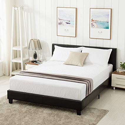 Mecor Queen Bed Frame - Faux Leather Upholstered Bonded Platform Bed/Panel  Bed - with Headboard - No Box Spring Needed - for Adults Teens