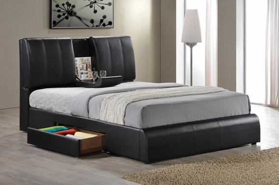 Acme 21270Q Kofi black leather like vinyl modern style queen bed frame set  with built in center tray on headboard