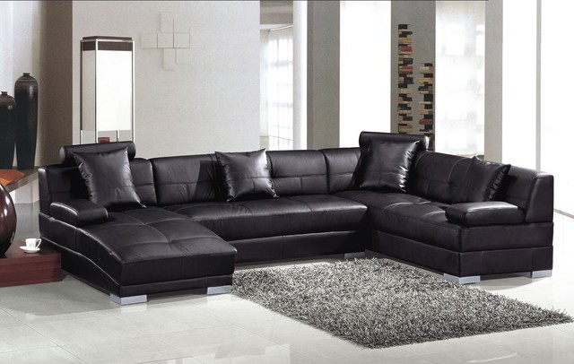 Modern Black Leather U Shape Sectional Sofa with Chaise - Modern