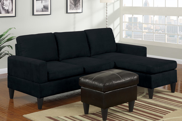 Modern Small Black Microfiber Sectional Sofa Reversible Chaise Ottoman