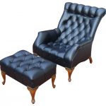 Consigned Mid-Century Tufted Black Leather Chair and Ottoman