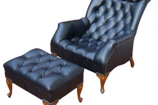 Consigned Mid-Century Tufted Black Leather Chair and Ottoman