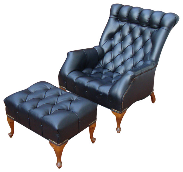 Blue Leather Chair And Ottoma