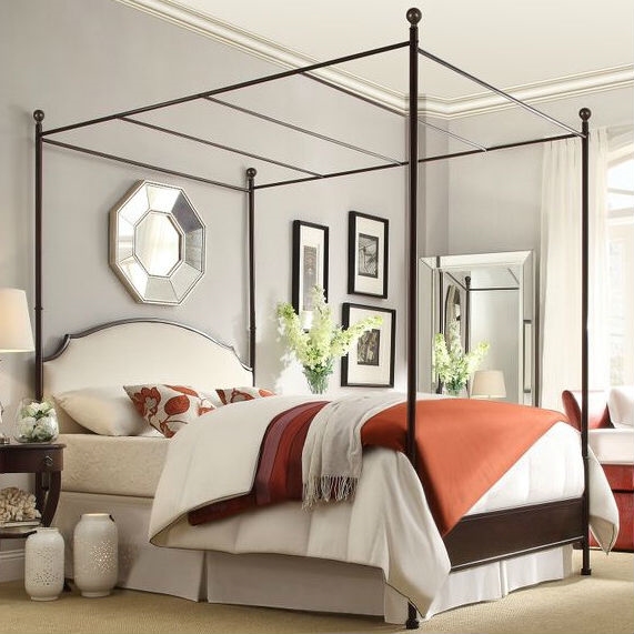 Queen size Metal Canopy Bed with White Cream Linen Upholstered