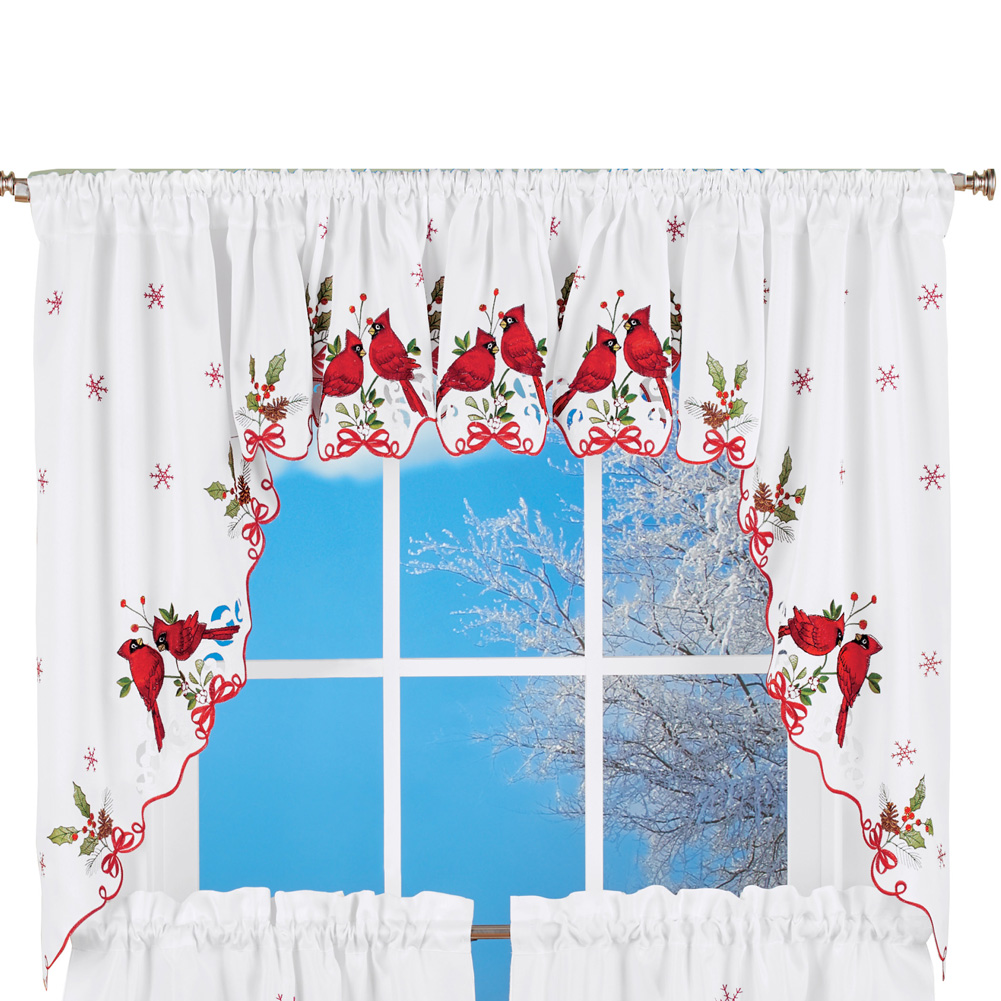 Embroidered Winter Cardinals Window Curtain Panels Collection, Red