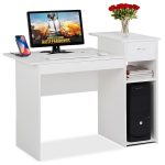 White Compact Computer Desk with Drawer and Shelf Small Spaces Home