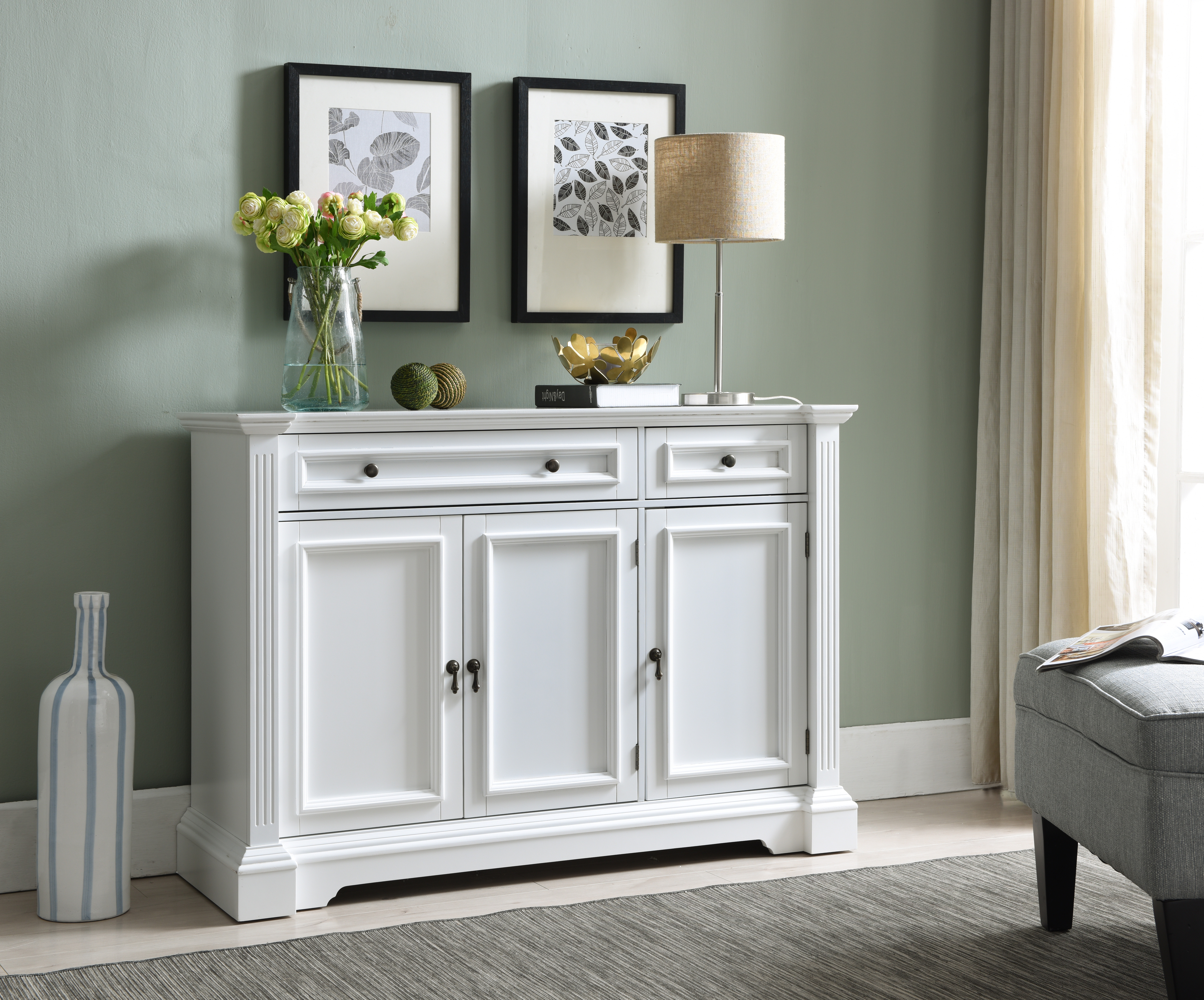 Liam Sideboard Buffet Console Table, White Wood Contemporary, With