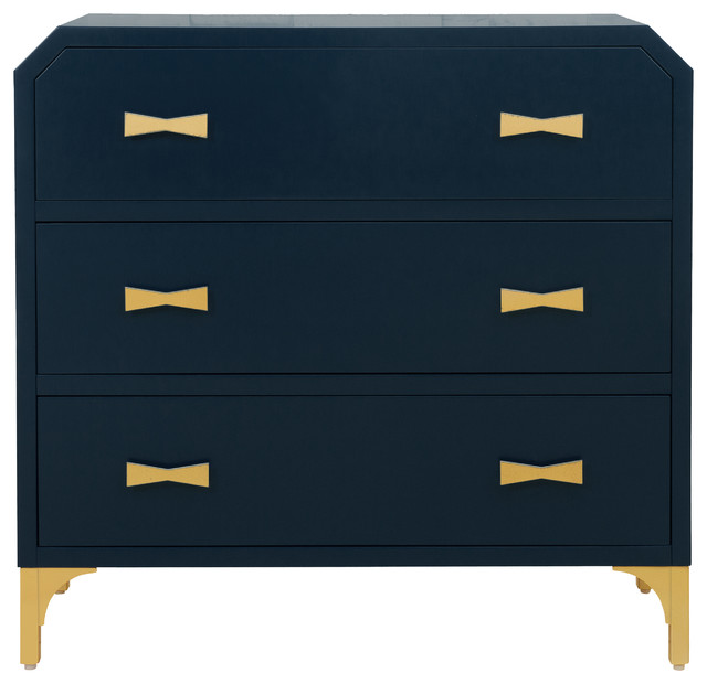 Clip Corner Blue and Gold Three Drawer Chest - Contemporary - Accent