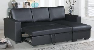 Modern Black Faux Leather Convertible Sectional Sofa Set with Pull