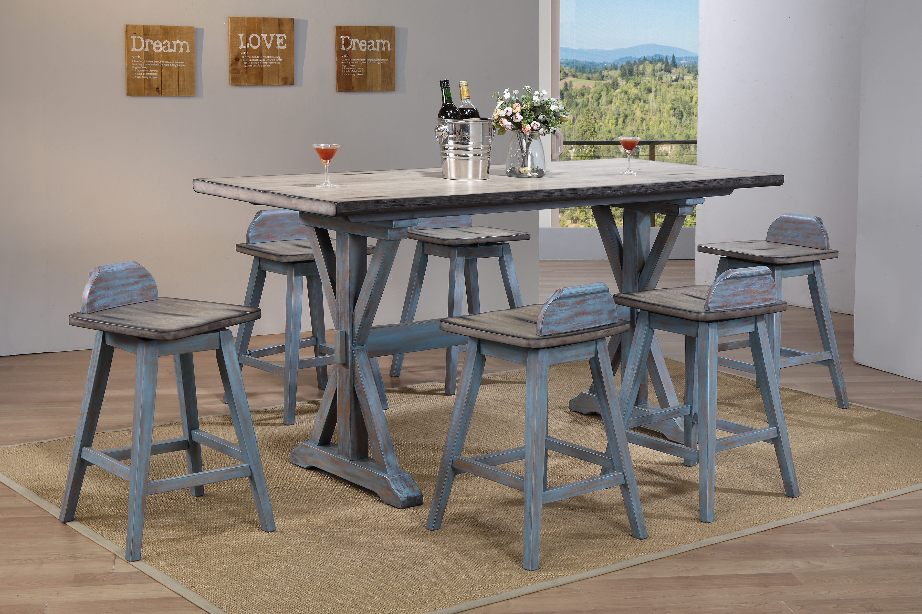 Kris 7 Piece Counter Height Dining Set, Distressed Gray & Washed