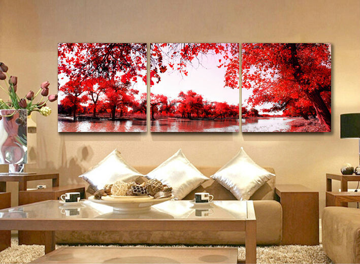 3 panel Red autumnal leaves Home Decorative Canvas Painting Living