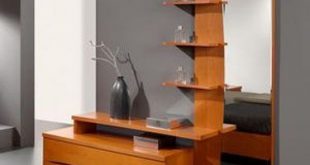 Layered dresser design, with a tall mirror sided with shelves and