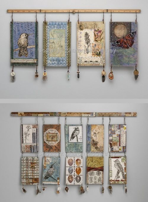 Mixed media wall hangings by textile artist Sharon McCartney (these
