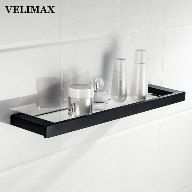 VELIMAX Floating Glass Shelf for Bathroom Black Frame Glass Shelves