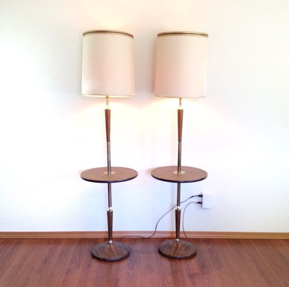 pair of vintage floor lamps with attached table. lamp & table combo
