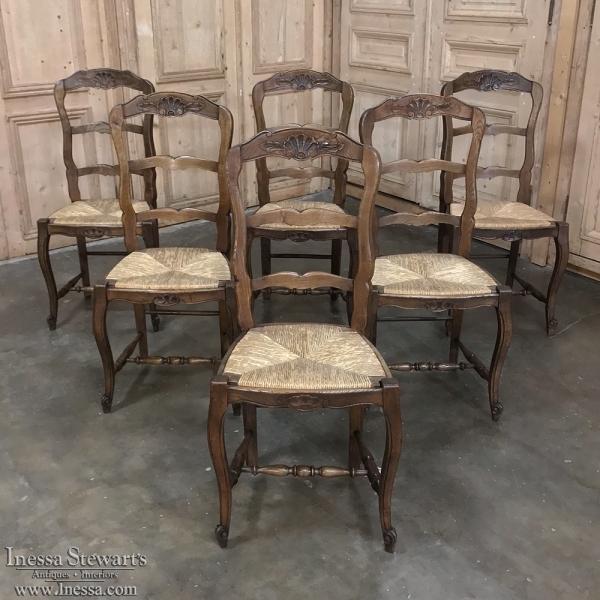 Set of 6 Antique Country French Rush Seat Dining Chairs