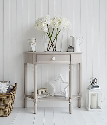 The Oxford grey half moon console table with drawer and shelf