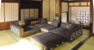 Japanese living room: style of couch, floor mats, and katana stand
