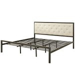 King size Modern Metal Platform Bed Frame with Beige Upholstered