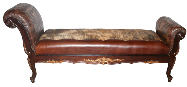 Hair on Hide and Tooled Leather Chaise Lounge