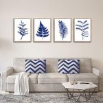 Ferns Print, Floral Decor, Set Of 4 Blue Ferns, Kitchen Wall Art