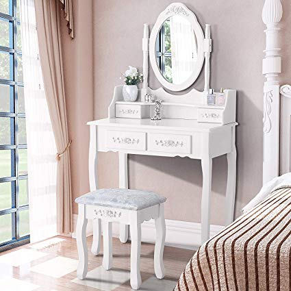 Amazon.com: Mecor Dressing Table with Oval Mirror,Vanity Table Set