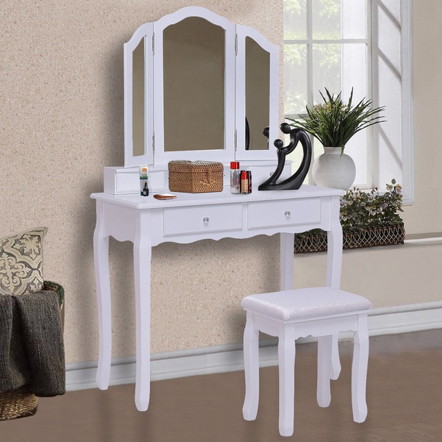 Giantex White Tri Folding Mirror Vanity Makeup Table Stool Set Home