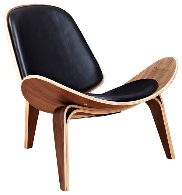 Shell Leather & Walnut Mid Century Modern Chair - Midcentury
