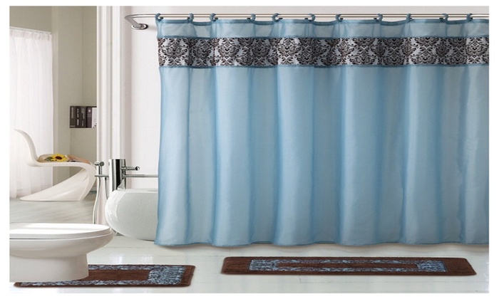 WPM 4 Piece Bath Rug Set with Shower Curtain | Groupon