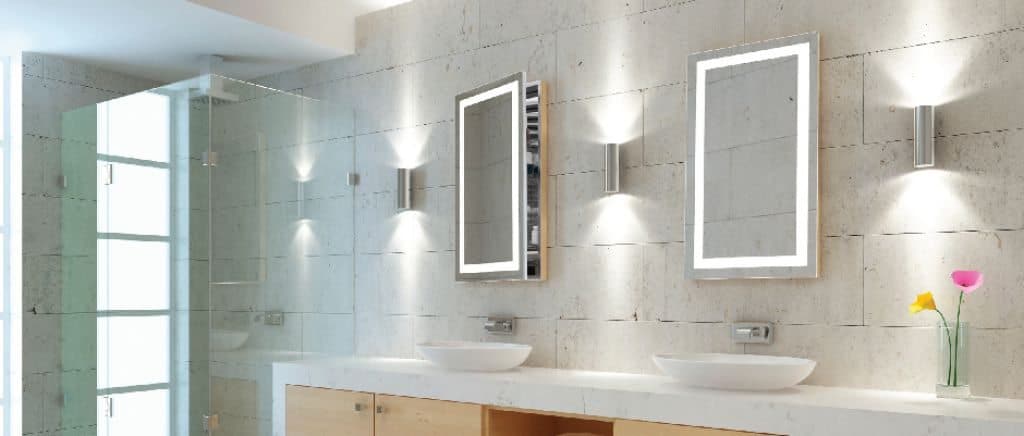 Modern Bathroom With Corner Shower Stall And Lighted Medicine