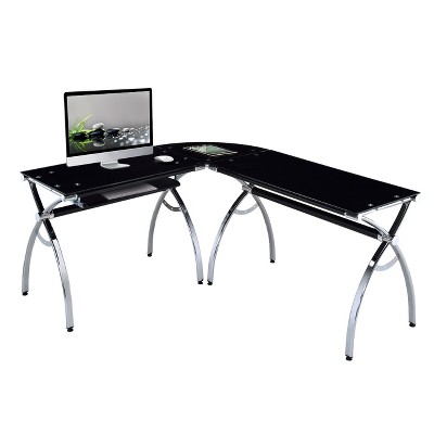 L - Shaped Colored Tempered Glass Top Corner Desk With Pull Out