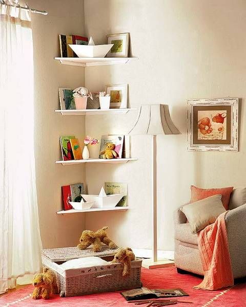 wall shelves for corners, space saving interior design and decorating ideas