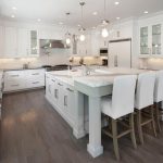 Gray KItchen Island with L Shaped Breakfast Bar - Transitional - Kitchen