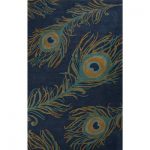 Modern Peacock Feather Print Blue Wool and Viscose Area Rug - Blue