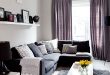 Grey traditional living room with purple soft furnishings