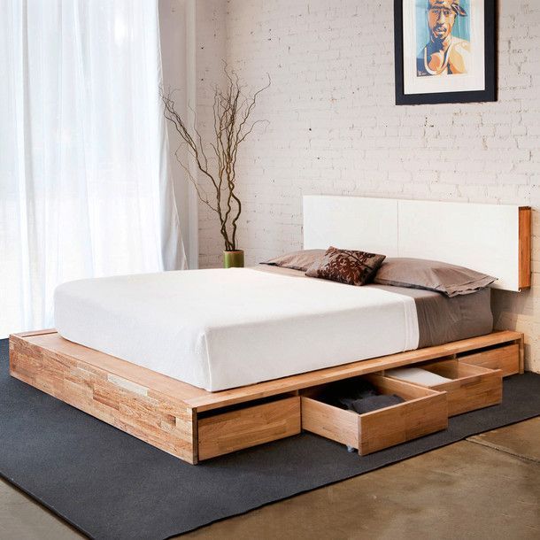 Platform bed with storage underneath. Matching floating headboard