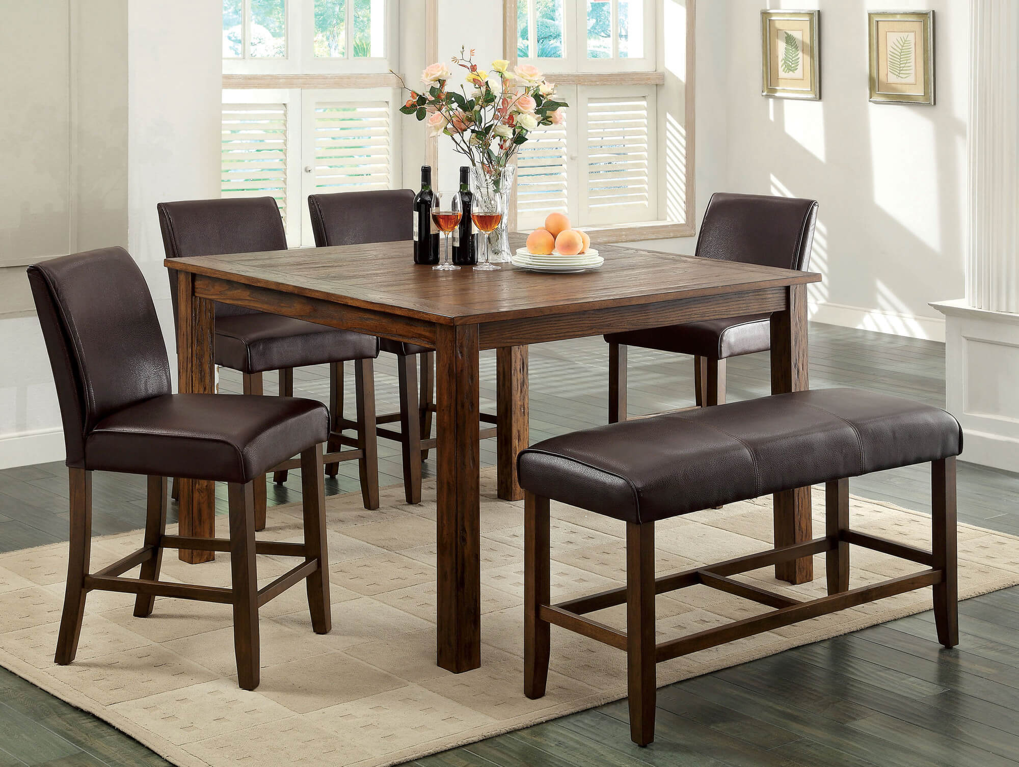 Counter height rustic dining room set with bench. Wood is dark oak finish;  constructed