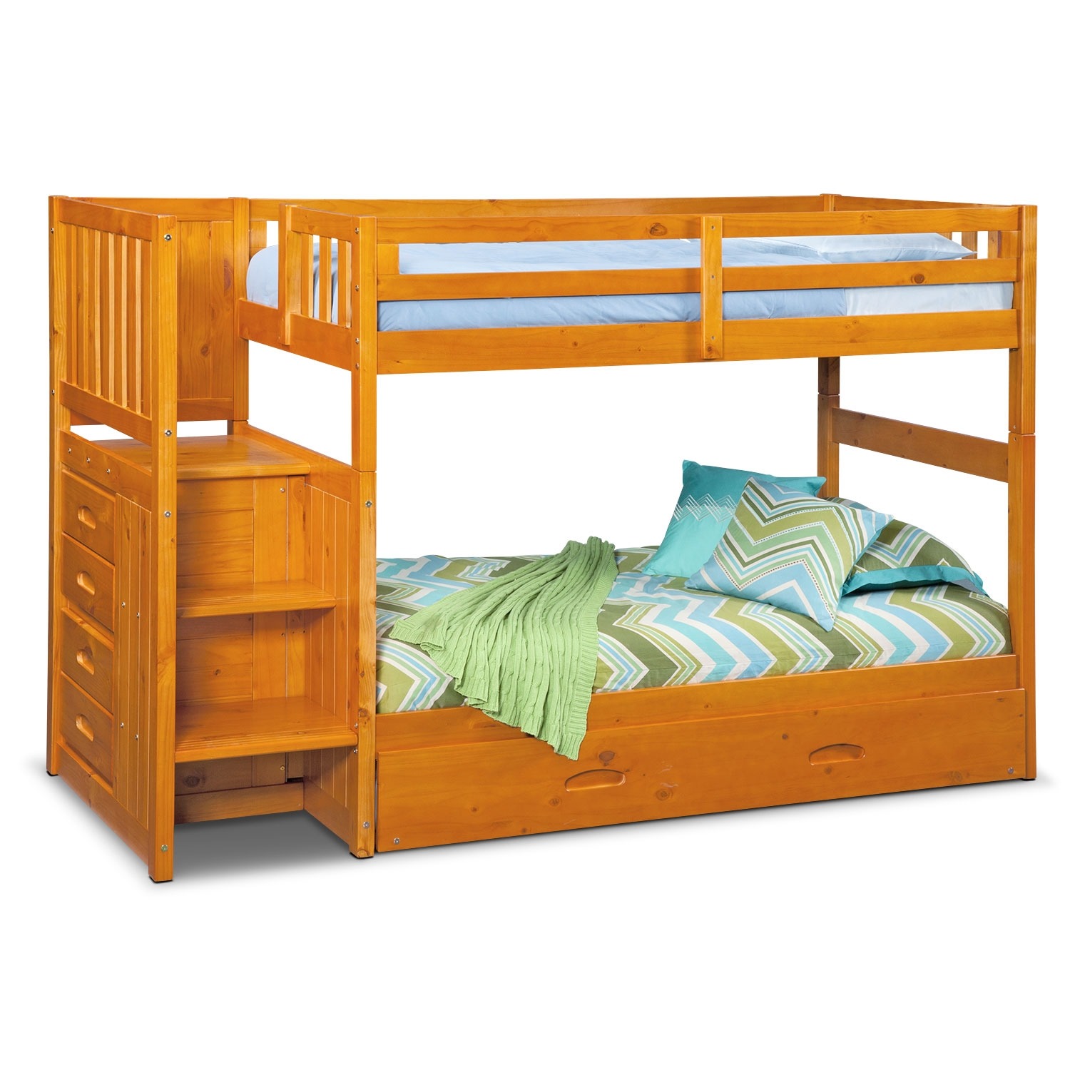 Ranger Twin over Twin Bunk Bed with Storage Stairs and Twin Trundle