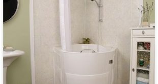 This soaking tub with shower is a walk-in bathtub designed for use