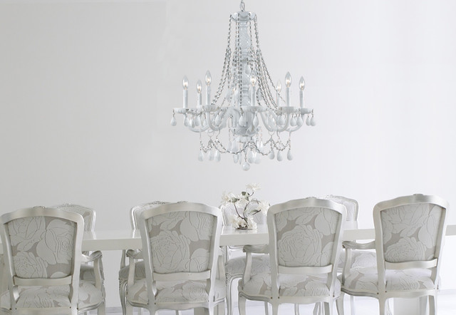 Glamorous White Crystal Chandelier in Transitional Dining Room