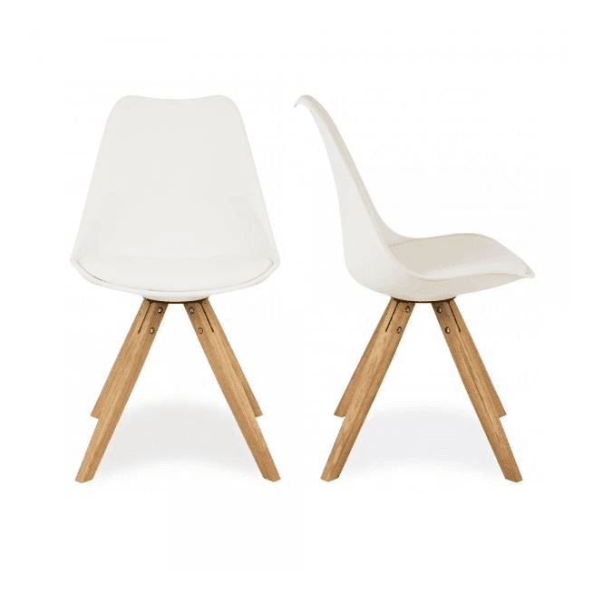 Charles Eames x2 Style White Dining Chairs with Pyramid Solid Oak